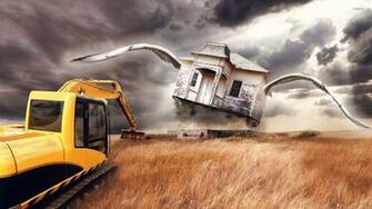 Excavator And A House With Wings Wallpaper Artistic