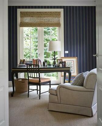 Home Office Study Navy White Stripe Wallpaper Black Lacquer