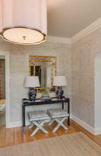Schumacher Celerie Kemble Feather Bloom Wallpaper Fenwick Console
