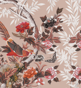 Chinese Wallpaper Pheasant Bleu Grey Peonies Birds Leaves