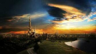 Wallpaper Islam Mosque City Sunset Full HD 1080p