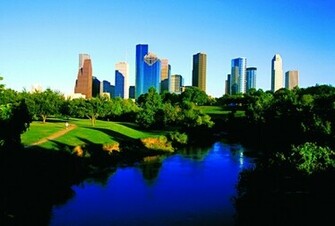 Buffalo Bayou With Downtown Houston Skyline Wallpaper