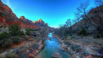 Virgin River Zion National Park Landscape Mountains Sky