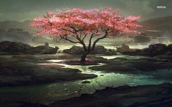 Creekside Cherry Tree Wallpaper Artistic