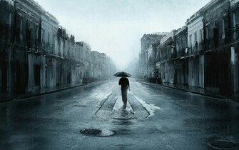Sad Man With Umbrella Walking In A Lonely Street Digital Art Artwork