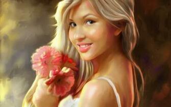 Woman Blonde Smile Pink Floral Desktop Pc And