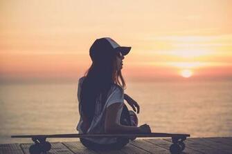 Mood Girl Hat Sunglasses Skateboard Board Sea River