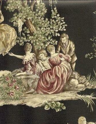Wallpaper Waverly French Country Toile Tapestry On Textured Black Faux