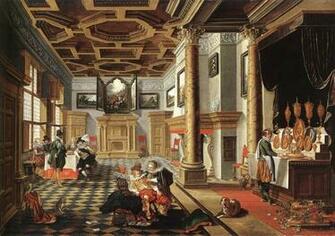 Renaissance Interior With Banqueters Danish Art Wallpaper Image