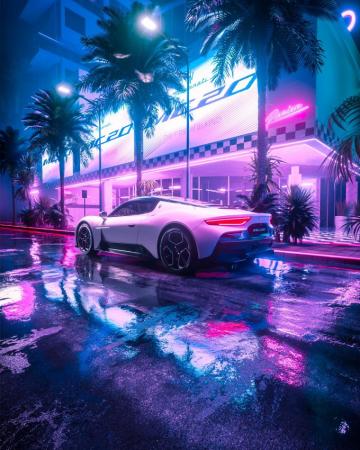 Maserati Glowing In The Neon Lights Arrival Of