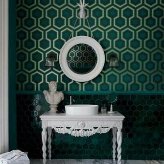 Green Bathroom With Geometric Wallpaper Decorating Ideas