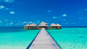 Beach Sea Hut Wooden Bridge Scenery 4k Wallpaper