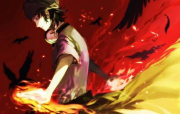 Wallpaper Birds Fire Magic Anime Feathers Headphones Art