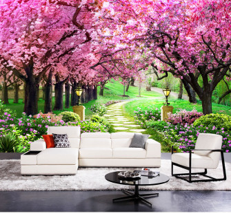 Purple Sakura Flower Forest Road Park 3d Murals Wallpaper For