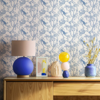 Floral Bird Toile Blue Wallpaper Mitchell Black
