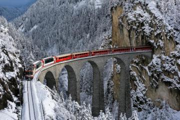 Train Railway Bridge Winter Snow Rocks Trees Forest Nature