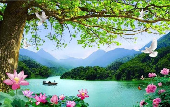 Wall Mural 3d Wallpaper Green Big Tree Lake Water Natural Scenery