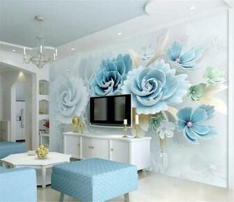 3d Wallpaper Mural Custom New Embossed Flowers Blue Fresh