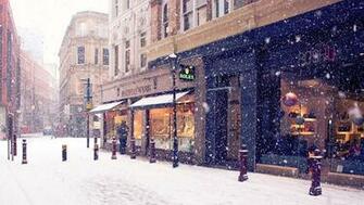 City Street Winter Snow Snowflakes Photo Wallpaper