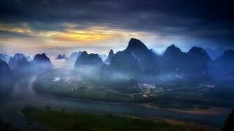 Nature Landscape Mountain River Mist Road Sunrise Sky Town
