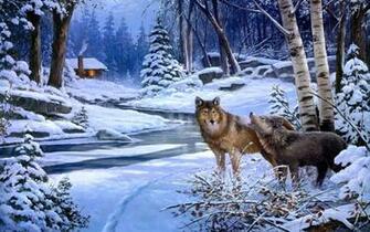 Winter Snow Rivers Cabin Houses Rustic Trees Forest Woods Wallpaper