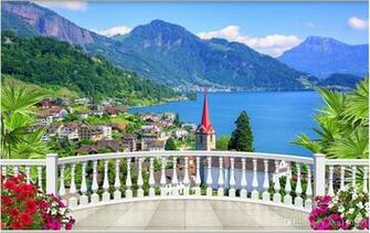 3d Wallpaper Custom Photo Balcony European Town Lake Scenery