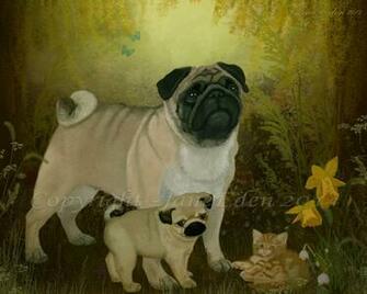 Spring Pugs And Kitten By Janeeden