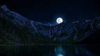 Lake Night Moon Mountains Wallpaper