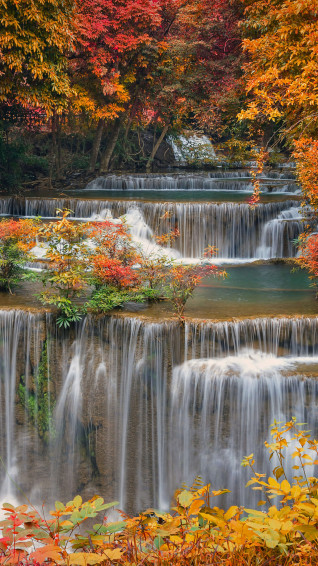 Waterfall Autumn Forest Nature Scenery Wallpaper iPhone Phone 4k