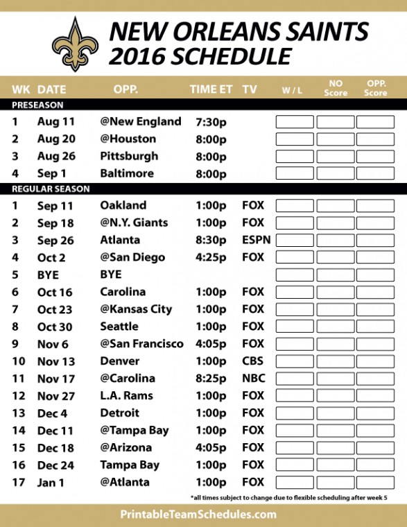 New Orleans Saints Schedule Calendar Template Site