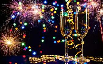 Happy New Year Glasses Of Champagne And Fireworks Desktop