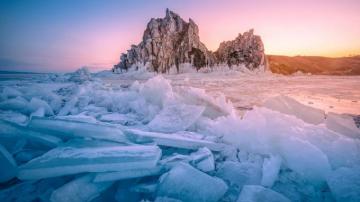 Landscape Of Shamanka Rock At Sunrise Lake Baikal Siberia