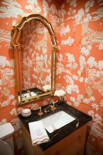 Orange Chinoiserie Powder Rooms Asian Basement