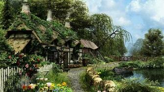 Glamorous English Cottage House Wallpaper Boat River Garden
