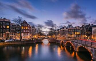 Wallpaper Bridge Lights The Evening Amsterdam Channel