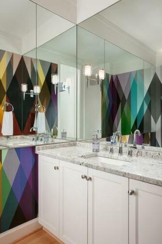 Graphic Multicolor Wallpaper In Modern White Powder Room