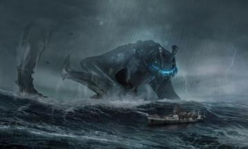 Fantasy Art Pacific Rim Kaiju Sailing Ship Rain Storm