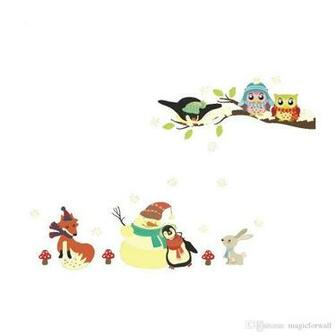 Winter Snow Scenery Wall Stickers Snowman Owls On Tree Branches