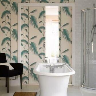 Bathroom With Green Fern Print Wallpaper Standing Bath And Black