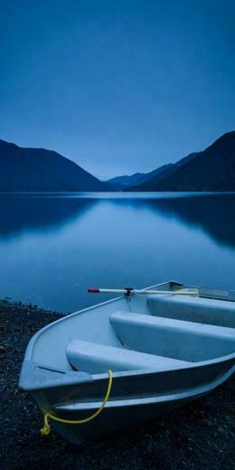 Boat Dawn Sunrise Lake Outdoor Wallpaper Blue In