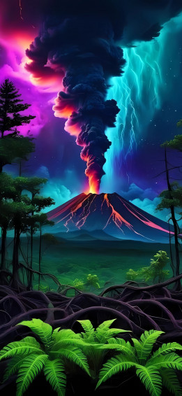Volcanic Eruption In Lush Forest With Lightning Illuminating A Vibrant Night Sky Wallpaper