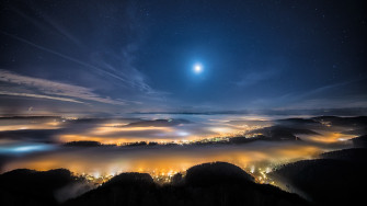 Night Moon Stars Forest Trees Mist City Wallpaper HD