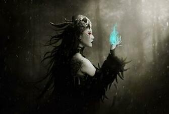 Fantasy Art Witch Magic Spell Occult Skull Women Females Mood Winter