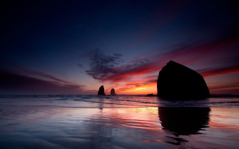 Sky Decline Sea Beach Coast Rocks Outlines Wallpaper