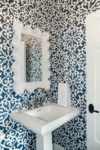 White And Navy Bathroom Features Thibaut Allison Wallpaper Which