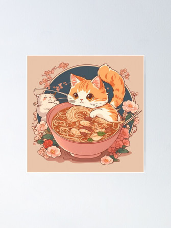 Cute Japanese Cat Ramen Poster By Brushstroke Boutique