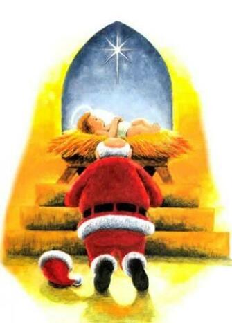 Santa Claus Worshipping Baby Jesus Christmas Photo
