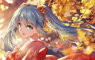 Wallpaper Leaves Branches Face Vocaloid Yukata Hatsune Miku