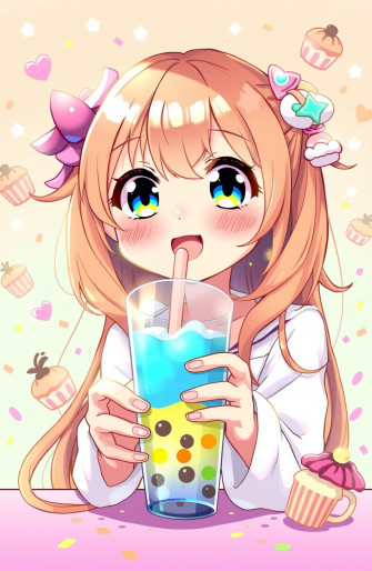 Cute Anime Girl Drinking Boba Wallpaper