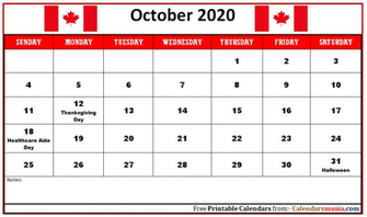 Monthly Canada Holidays Calendar